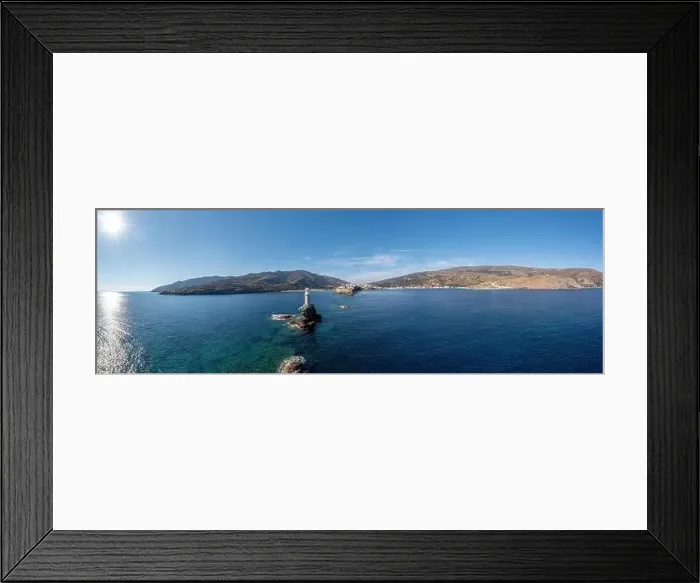 Framed Print : Greece. Andros Island. The stone beacon on a rock aerial panoramic view Framed Print : Greece. Andros Island. The stone beacon on a rock aerial panoramic view