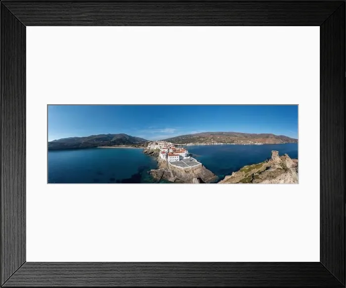 Framed Print : Andros Island, Greece. Chora town aerial panoramic view Framed Print : Andros Island, Greece. Chora town aerial panoramic view