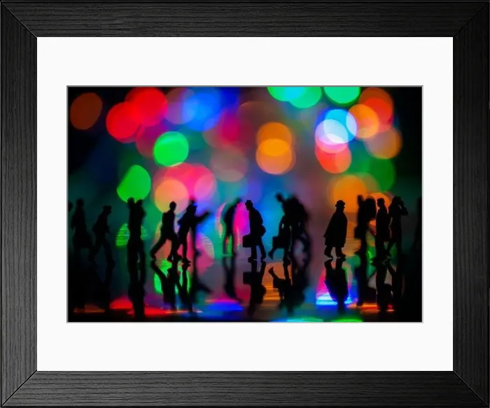Framed Print : Miniature people toys studio set up - Silhouette side view of people busy walking with colorful blurred bokeh Framed Print : Miniature people toys studio set up - Silhouette side view of people busy walking with colorful blurred bokeh