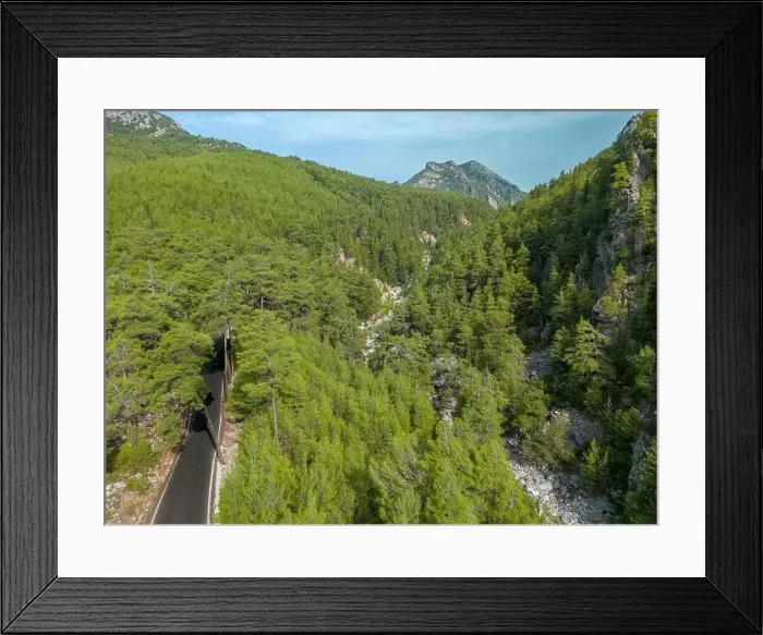 Framed Print : Top down view of road through forest at sunrise Framed Print : Top down view of road through forest at sunrise