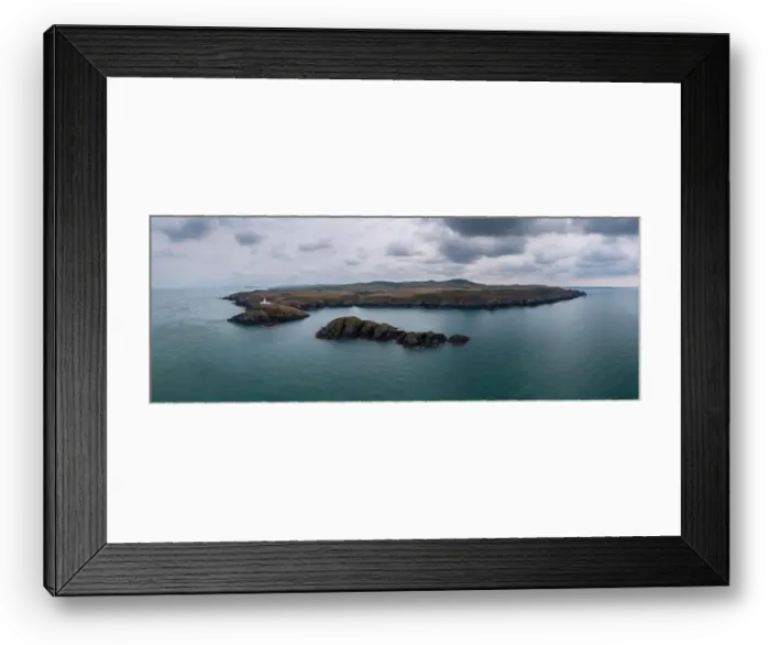 Framed Print : aerial panorama landscape of the Pembrokeshire coast with the historic Strumble Head Lighthouse Framed Print : aerial panorama landscape of the Pembrokeshire coast with the historic Strumble Head Lighthouse
