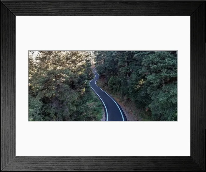 Framed Print : Winding asphalt road crossing fir forest Framed Print : Winding asphalt road crossing fir forest