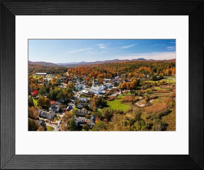 Framed Print : Panoramic aerial view of the town of Stowe in Vermont in the fall Framed Print : Panoramic aerial view of the town of Stowe in Vermont in the fall