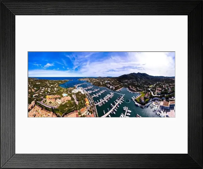 Framed Print : Sardegna island. Luxury resort Porto Cervo. Marina with sailing boats, aerial drone video view Framed Print : Sardegna island. Luxury resort Porto Cervo. Marina with sailing boats, aerial drone video view