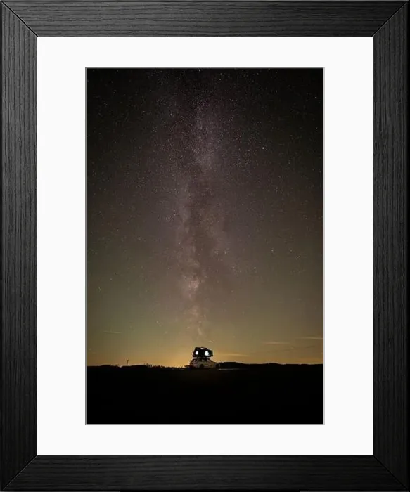 Framed Print : Long exposure view of the Milky Way on field with car rooftop tent