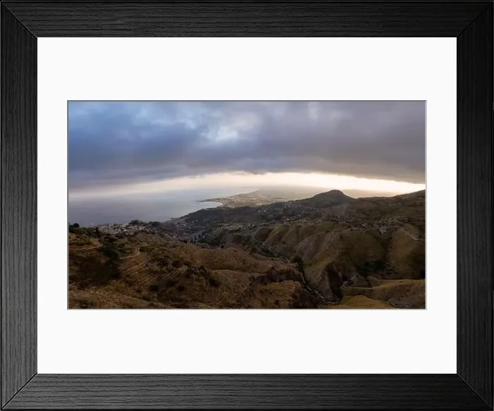 Framed Print : Castelmola aerial view: gulf of Catania and mediterranea sea covered by clouds Framed Print : Castelmola aerial view: gulf of Catania and mediterranea sea covered by clouds
