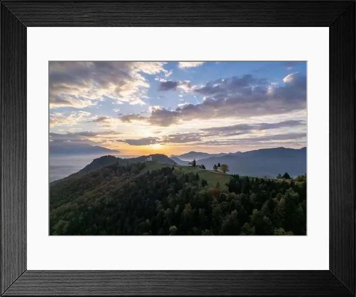 Framed Print : The Church of St. Primož and Felicijan, Jamnik, Slovenia, sunset drone photo Framed Print : The Church of St. Primož and Felicijan, Jamnik, Slovenia, sunset drone photo