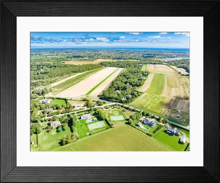 Framed Print : Aerial view of Head of pond road and blank lane in Water mill, NY Framed Print : Aerial view of Head of pond road and blank lane in Water mill, NY