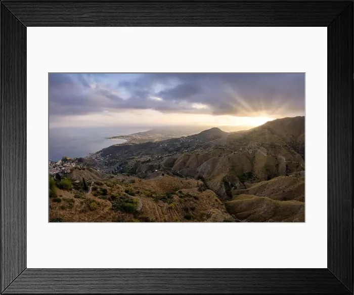 Framed Print : Castelmola aerial view: gulf of Catania and mediterranea sea covered by clouds Framed Print : Castelmola aerial view: gulf of Catania and mediterranea sea covered by clouds