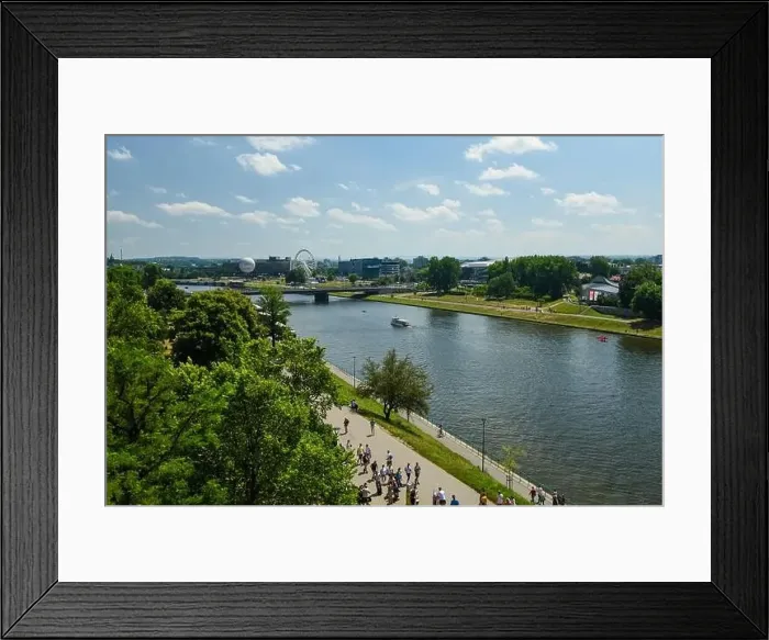 Framed Print : aerial view from great height on wide river and huge bridge of old city Krakow, Poland. 26 july, 2022