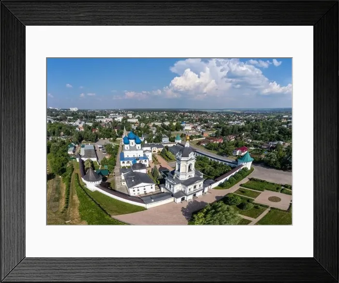 Framed Print : Flying from the ground to a bird's-eye view over the Vysotsky Monastery in Serpukhov, Russia Framed Print : Flying from the ground to a bird's-eye view over the Vysotsky Monastery in Serpukhov, Russia