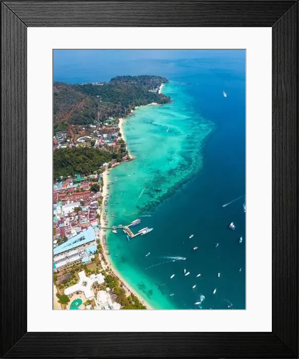 Framed Print : Aerial view of Loh Dalum and tonsai beach in koh Phi Phi islands, Krabi, Thailand Framed Print : Aerial view of Loh Dalum and tonsai beach in koh Phi Phi islands, Krabi, Thailand