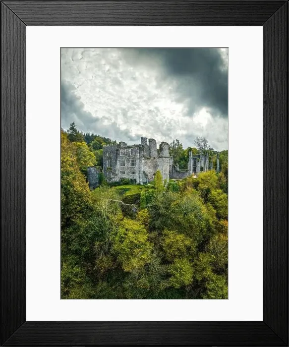 Framed Print : Autumn over Berry Pomeroy Castle from a drone, Totnes Devon, England Framed Print : Autumn over Berry Pomeroy Castle from a drone, Totnes Devon, England
