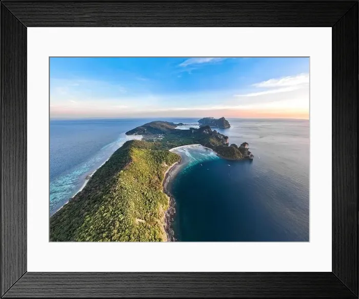 Framed Print : Aerial view of Loh Lana Bay at sunset in koh Phi Phi islands, Krabi, Thailand Framed Print : Aerial view of Loh Lana Bay at sunset in koh Phi Phi islands, Krabi, Thailand