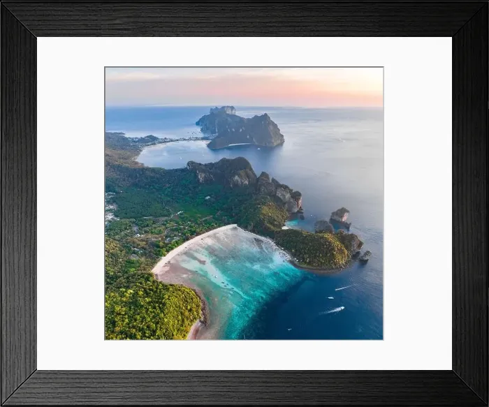 Framed Print : Aerial view of Loh Lana Bay at sunset in koh Phi Phi islands, Krabi, Thailand Framed Print : Aerial view of Loh Lana Bay at sunset in koh Phi Phi islands, Krabi, Thailand