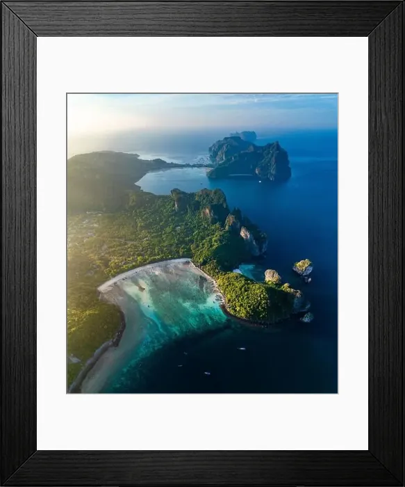 Framed Print : Aerial view of Loh Lana Bay at sunset in koh Phi Phi islands, Krabi, Thailand Framed Print : Aerial view of Loh Lana Bay at sunset in koh Phi Phi islands, Krabi, Thailand