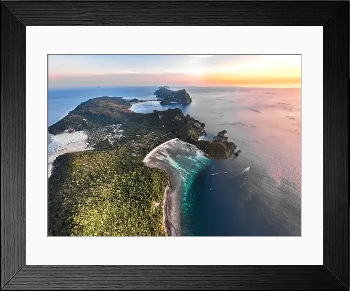 Framed Print : Aerial view of Loh Lana Bay at sunset in koh Phi Phi islands, Krabi, Thailand