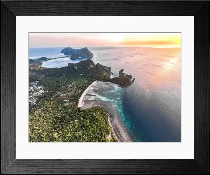 Framed Print : Aerial view of Loh Lana Bay at sunset in koh Phi Phi islands, Krabi, Thailand Framed Print : Aerial view of Loh Lana Bay at sunset in koh Phi Phi islands, Krabi, Thailand