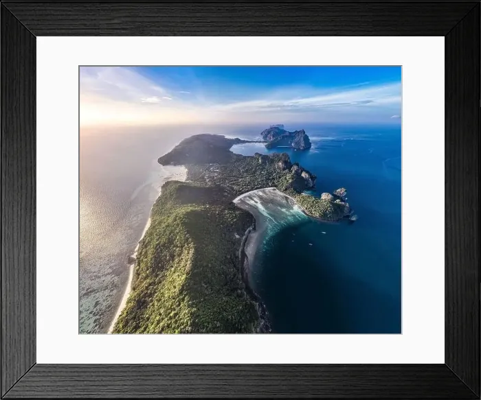 Framed Print : Aerial view of Loh Lana Bay at sunset in koh Phi Phi islands, Krabi, Thailand Framed Print : Aerial view of Loh Lana Bay at sunset in koh Phi Phi islands, Krabi, Thailand