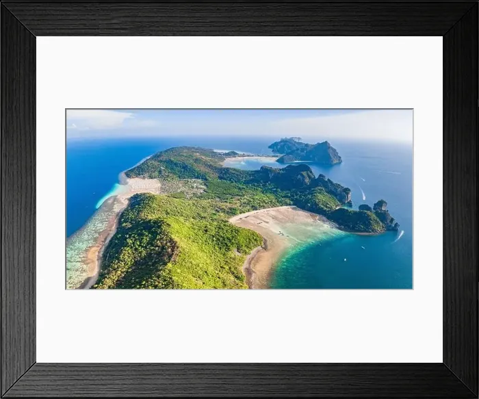 Framed Print : Aerial view of Loh Lana Bay at sunset in koh Phi Phi islands, Krabi, Thailand Framed Print : Aerial view of Loh Lana Bay at sunset in koh Phi Phi islands, Krabi, Thailand
