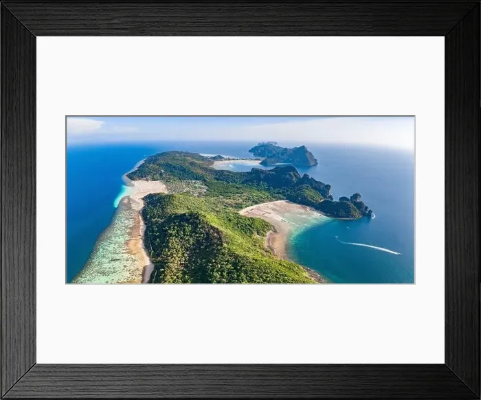 Framed Print : Aerial view of Loh Lana Bay at sunset in koh Phi Phi islands, Krabi, Thailand Framed Print : Aerial view of Loh Lana Bay at sunset in koh Phi Phi islands, Krabi, Thailand