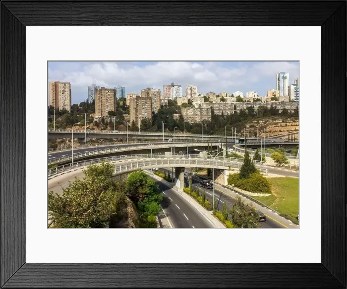 Framed Print : HAIFA, ISRAEL - September 29, 2022: Highway interchange with traffic on multiple levels, Aerial image Framed Print : HAIFA, ISRAEL - September 29, 2022: Highway interchange with traffic on multiple levels, Aerial image