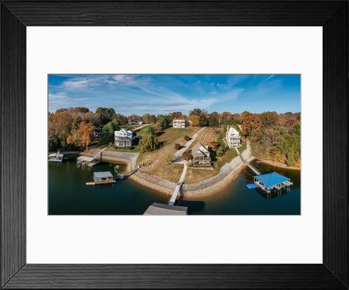 Framed Print : Aerial view of a high-resolution panorama lake homes Framed Print : Aerial view of a high-resolution panorama lake homes