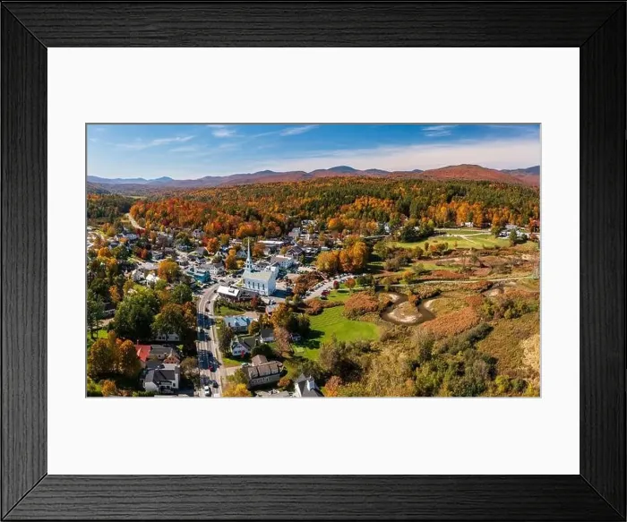 Framed Print : Panoramic aerial view of the town of Stowe in Vermont in the fall Framed Print : Panoramic aerial view of the town of Stowe in Vermont in the fall