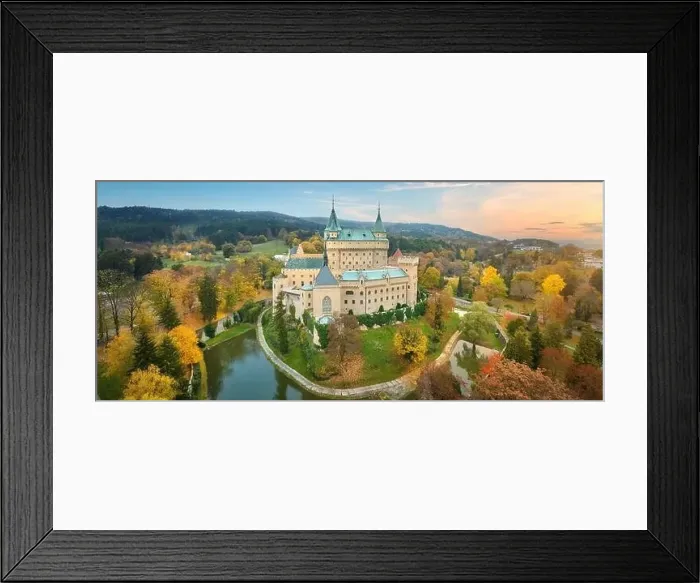 Framed Print : Bojnice castle. Panoramic aerial view of a neo-gothic romantic fairy-tale castle in a colourful autumn garden Framed Print : Bojnice castle. Panoramic aerial view of a neo-gothic romantic fairy-tale castle in a colourful autumn garden