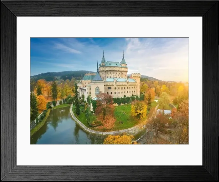 Framed Print : Bojnice Castle. Aerial view of neo-gothic romantic Framed Print : Bojnice Castle. Aerial view of neo-gothic romantic