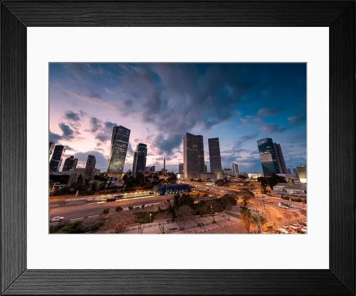 Framed Print : TEL AVIV, ISRAEL - MARCH 1, 2019: Night Aerial view of tel aviv skyline with urban skyscrapers and blue sky, Israel