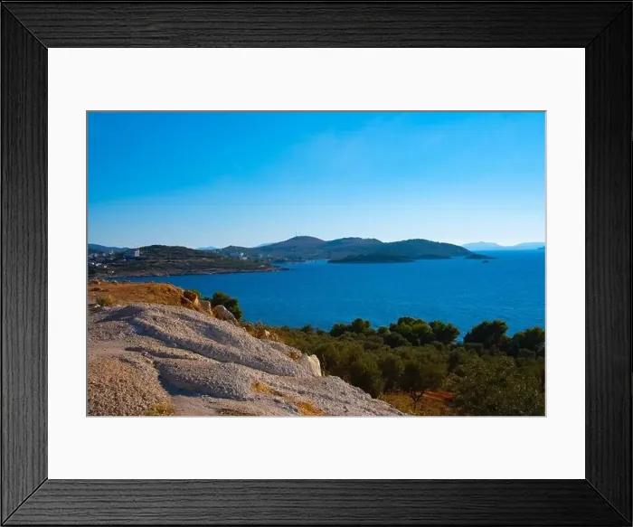 Framed Print : View of the bay in the resort of Ksamil. Ionian Sea in Albania Framed Print : View of the bay in the resort of Ksamil. Ionian Sea in Albania