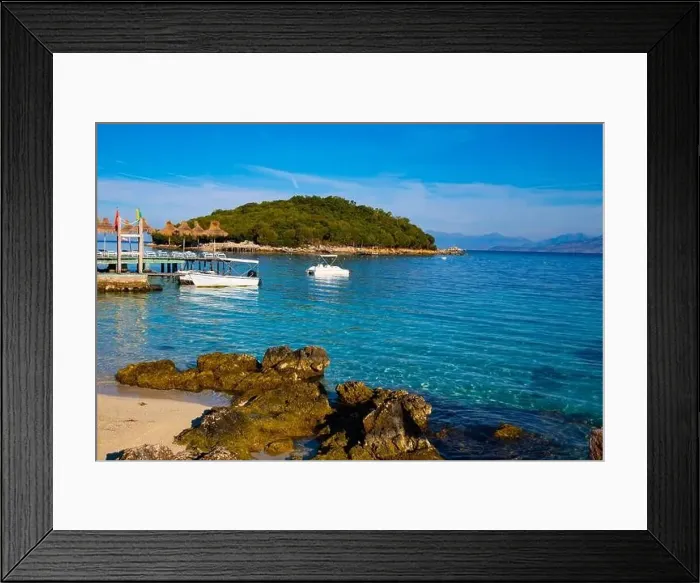 Framed Print : Bay in the Ksamil with ships and islands. Ionian Sea in Albania Framed Print : Bay in the Ksamil with ships and islands. Ionian Sea in Albania