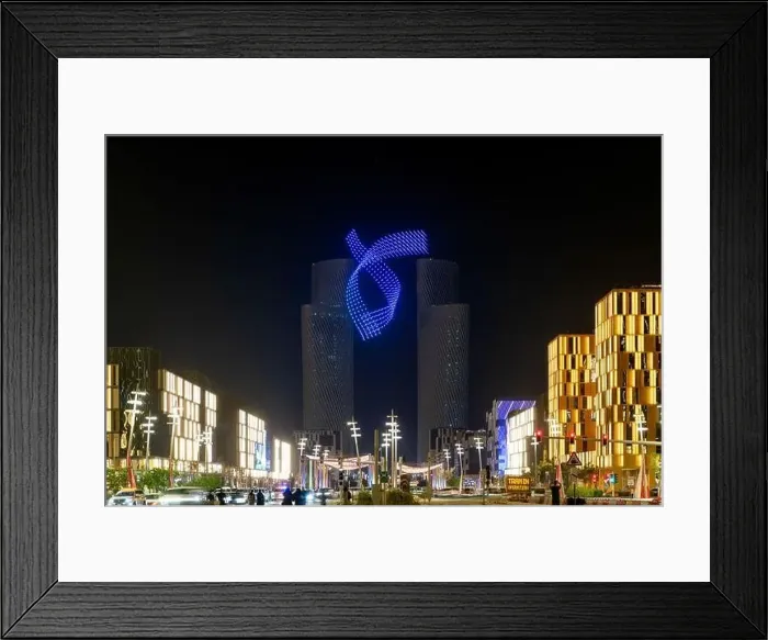 Framed Print : Darb Lusail Festival. Lusail Plaza Tower 4 Drone show at opening ceremony Framed Print : Darb Lusail Festival. Lusail Plaza Tower 4 Drone show at opening ceremony