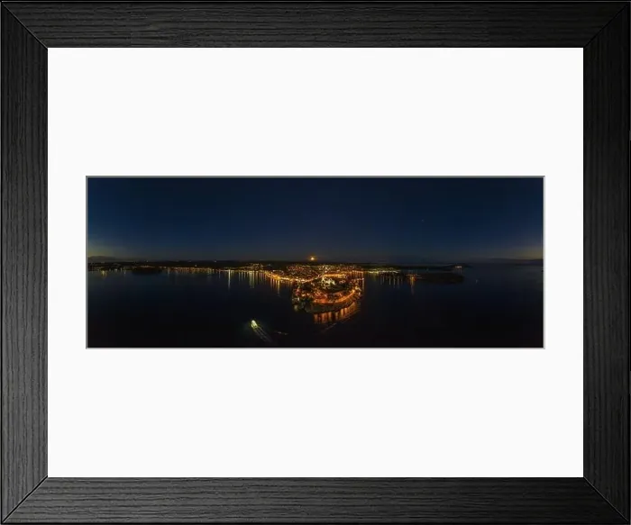 Framed Print : Panoramic aerial drone picture of the historic city Rovinj and harbor with full moon in Croatia during sunset in summer Framed Print : Panoramic aerial drone picture of the historic city Rovinj and harbor with full moon in Croatia during sunset in summer