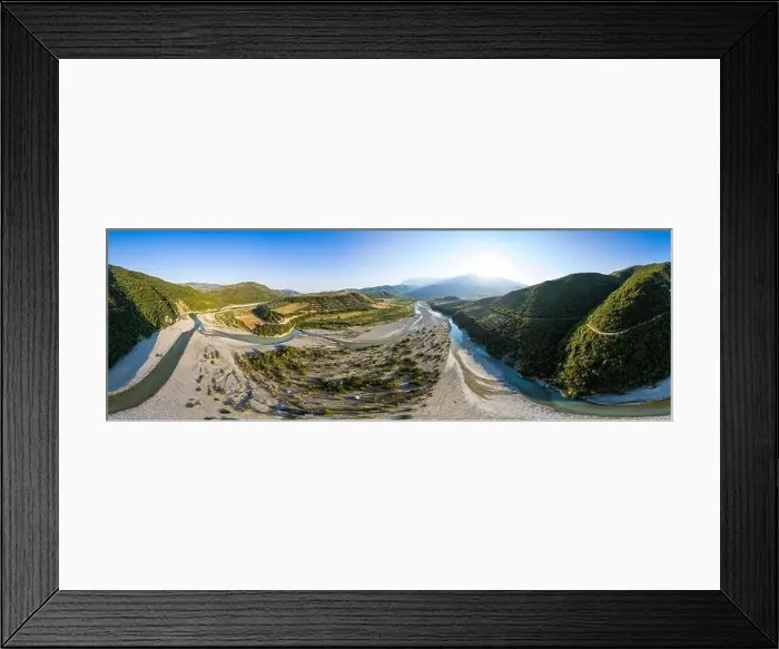 Framed Print : Panoramic view on river Osumi by village Mrakull near Polican in Albania in Summer sunrise Framed Print : Panoramic view on river Osumi by village Mrakull near Polican in Albania in Summer sunrise