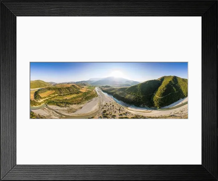 Framed Print : Panoramic view on river Osumi by village Mrakull near Polican in Albania in Summer sunrise Framed Print : Panoramic view on river Osumi by village Mrakull near Polican in Albania in Summer sunrise