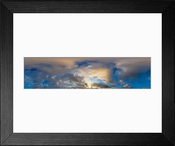 Framed Print : Dark blue sunset sky panorama with golden Cumulus clouds Framed Print : Dark blue sunset sky panorama with golden Cumulus clouds