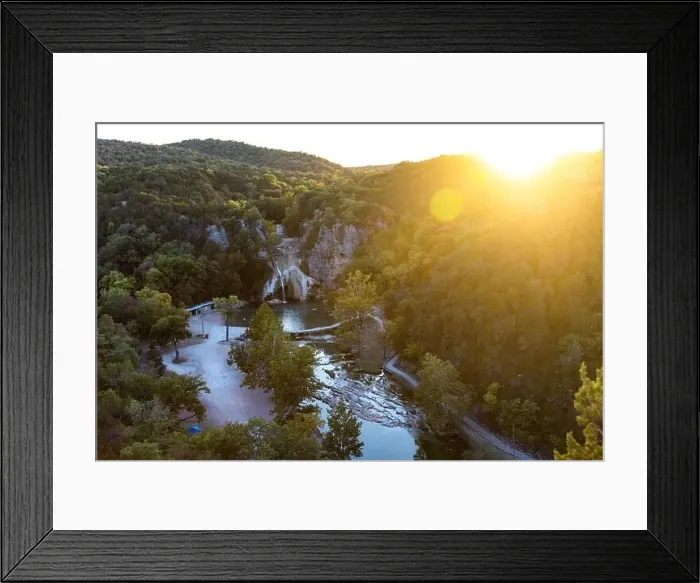 Framed Print : Aerial view of water cascading over rocks into a natural pool at Turner Falls in Oklahoma on sunset Framed Print : Aerial view of water cascading over rocks into a natural pool at Turner Falls in Oklahoma on sunset
