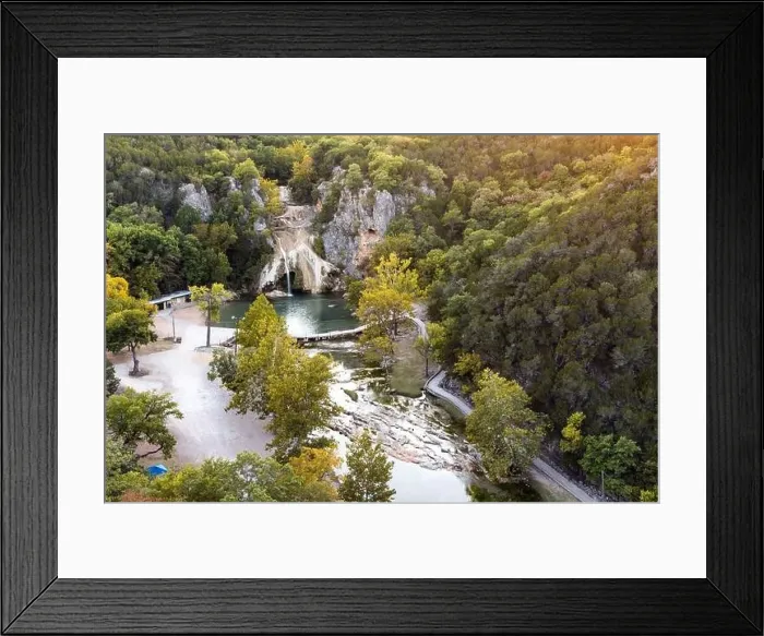 Framed Print : Aerial view of forest on hills and natural pool at Turner Falls in Oklahoma Framed Print : Aerial view of forest on hills and natural pool at Turner Falls in Oklahoma
