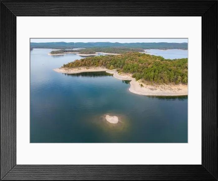 Framed Print : Aerial view of landscape of water of Broken Bow lake and islands with forest on the bank Framed Print : Aerial view of landscape of water of Broken Bow lake and islands with forest on the bank