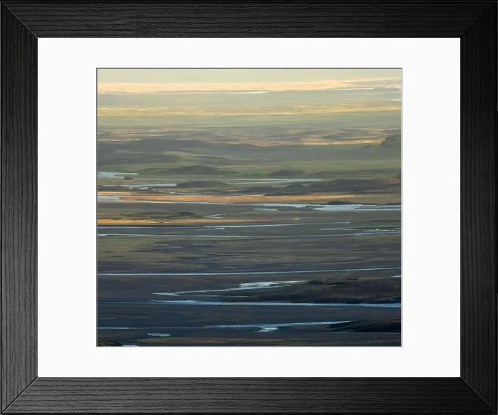 Framed Print : Picturesque drone view of valley with river and hills illuminated with sunlight early in morning in Iceland Framed Print : Picturesque drone view of valley with river and hills illuminated with sunlight early in morning in Iceland