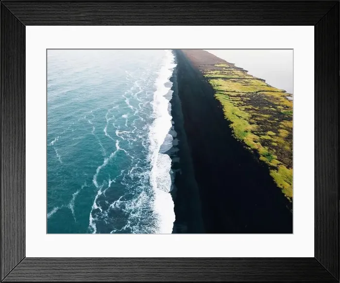Framed Print : Drone shot of Coastline of Reynisfjara black beach, Iceland in sunset Framed Print : Drone shot of Coastline of Reynisfjara black beach, Iceland in sunset