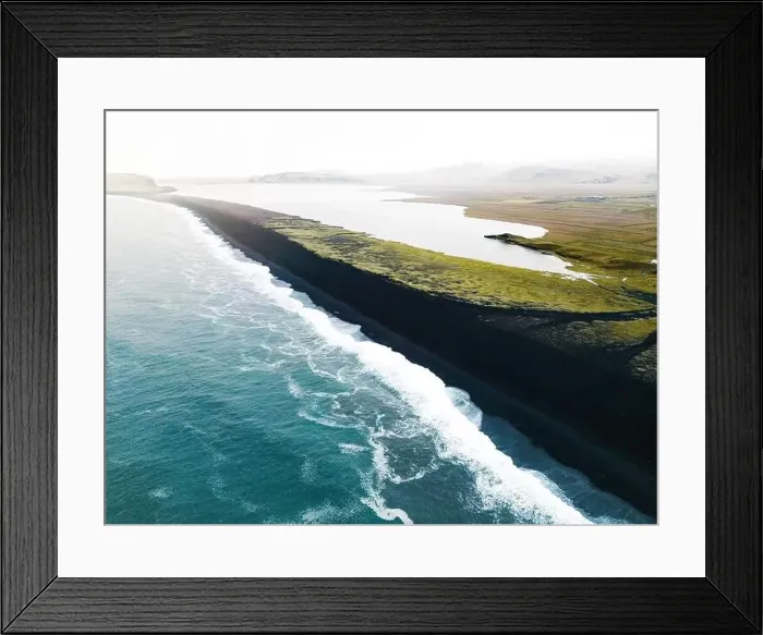 Framed Print : Aerial drone view of Volcanic black sand beach of Reynisfjara Framed Print : Aerial drone view of Volcanic black sand beach of Reynisfjara