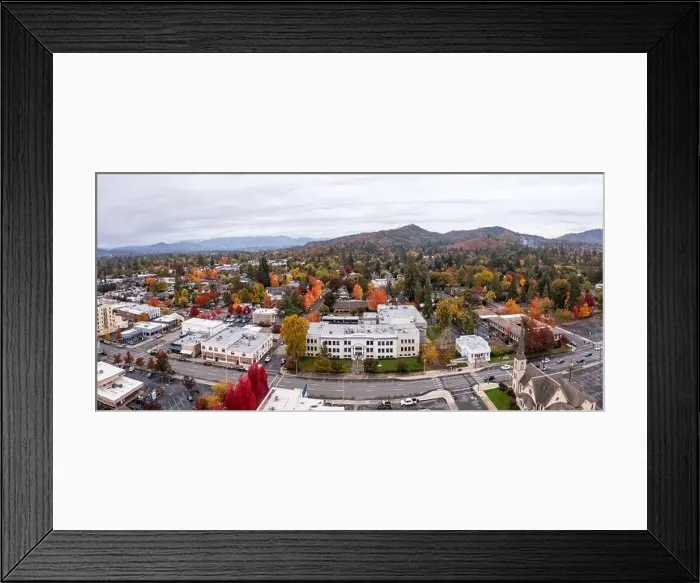 Framed Print : Court house and city hall in Grants Pass Oregon, panoramic drone shot Framed Print : Court house and city hall in Grants Pass Oregon, panoramic drone shot
