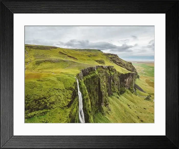 Framed Print : Waterfalls and green hills of Iceland - drone aerial shot Framed Print : Waterfalls and green hills of Iceland - drone aerial shot
