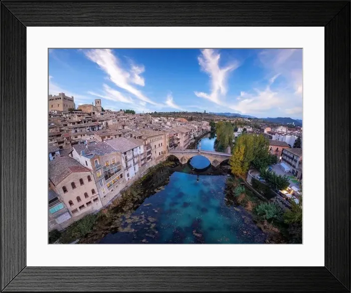 Framed Print : Aerial view of the town of Valderrobres with its bridge and its castle at sunset in Teruel, Spain Framed Print : Aerial view of the town of Valderrobres with its bridge and its castle at sunset in Teruel, Spain