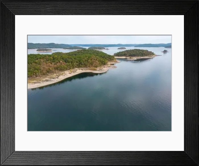 Framed Print : Aerial view of landscape of water of Broken Bow lake and islands with forest on the bank Framed Print : Aerial view of landscape of water of Broken Bow lake and islands with forest on the bank