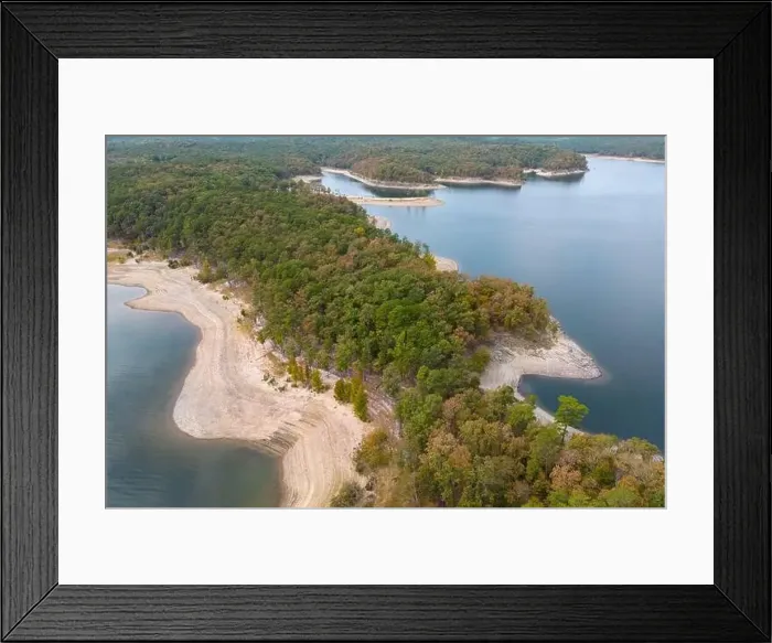Framed Print : Aerial view of landscape of water of Broken Bow lake and islands with forest on the bank Framed Print : Aerial view of landscape of water of Broken Bow lake and islands with forest on the bank