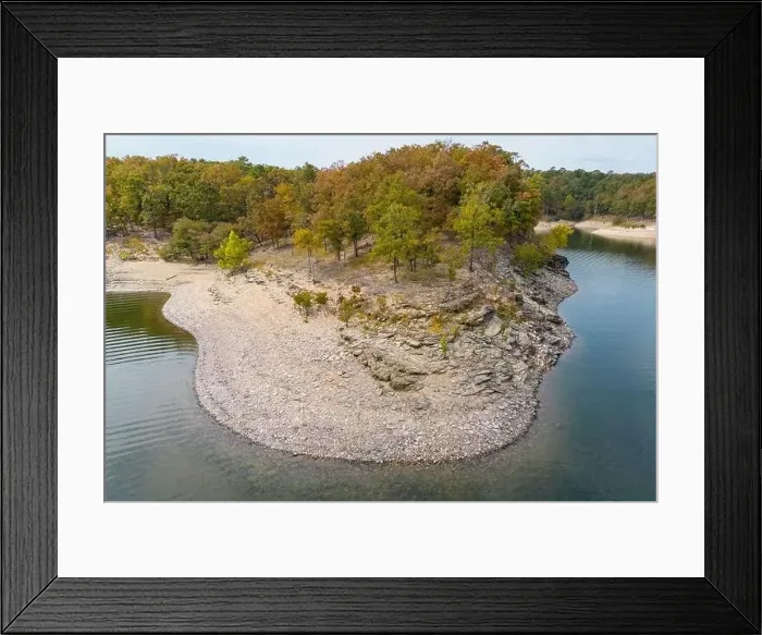 Framed Print : Aerial view of landscape of the rocky coast of Broken Bow lake Framed Print : Aerial view of landscape of the rocky coast of Broken Bow lake